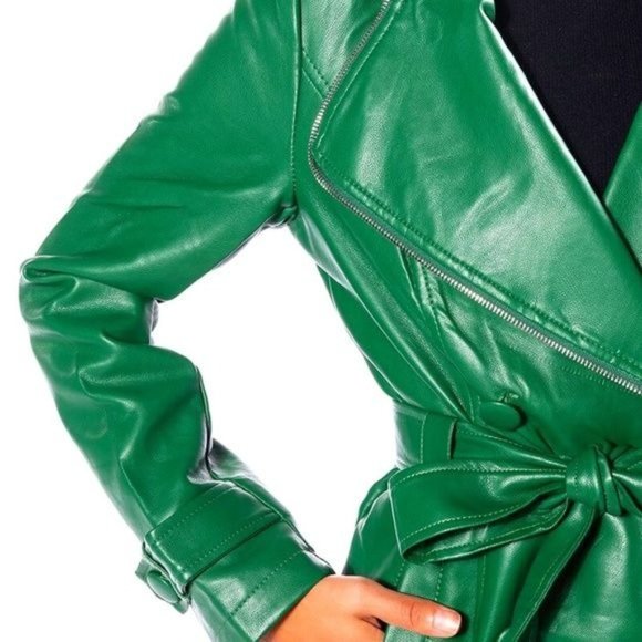 Miz Money Green: Unzipped Belted Vegan Leather Trench Jacket XL - Picture 8 of 9
